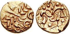 CELTIC, Britain. Corieltauvi. Uninscribed. Circa 70-10 BC. AV Stater (5.92 g, 8h). North east coast type, circa 45-10 BC. Abstract head of Apollo right / Disjointed horse right; four-armed spiral belo
