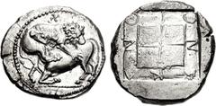 MACEDON, Akanthos. Circa 430-390 BC. AR Tetradrachm (14.51 g, 8h). Lion, right, attacking bull kneeling to left; reversed swastika above / Ethnic around quadripartite square, the quarters raised and g