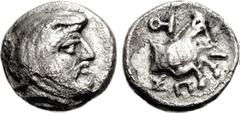 IONIA, Achaemenid Period. Spithridates. Satrap of Lydia and Ionia, circa 334 BC. AR Diobol (1.32 g, 12h). Head of Spithridates right, wearing Persian headdress / Forepart of horse right; monogram abov