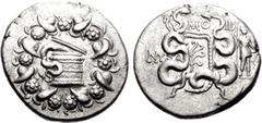 LYDIA, Nysa. Circa 133-67 BC. AR Tetradrachm (12.52 g, 11h). Cistophoric standard. Dated year 12 (123/2 BC). Cista mystica with serpent; all within ivy wreath / Bowcase with two serpents; MO above, IB