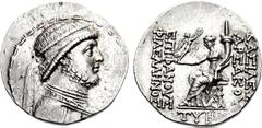 KINGS of PARTHIA. Artabanos “the Younger”. 122 BC. AR Tetradrachm (16.17 g, 12h). Seleukeia on the Tigris mint. Diademed bust right, wearing short beard / Goddess enthroned left, holding Nike, who cro