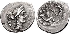L. Aemilius Buca. January 44 BC. AR Denarius (4.10 g, 9h). Rome mint. Diademed head of Venus right / Sulla reclining right against rock, Luna descending left from mountain on right, veil floating abov