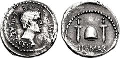 Brutus. Summer 42 BC. AR Denarius (3.38 g, 1h). Mint moving with Brutus in northern Greece. L. Plaetorius Cestianus, magistrate. L PLAET CEST BRVT IMP, bare head of Brutus right / EID MAR, pileus betw