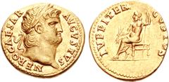 Nero. AD 54-68. AV Aureus (7.29 g, 9h). Rome mint. Struck circa AD 64-65. Laureate head right / Jupiter seated left, holding thunderbolt and sceptre. RIC I 52; Calicó 412b. EF, underlying lustre. A we