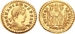 Gratian. AD 367-383. AV Solidus (4.49 g, 6h). Treveri (Trier) mint. Struck AD 374-375. Rosette-and-laurel-diademed, draped, and cuirassed bust right / Valentinian I and Gratian enthroned facing, holdi