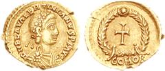 Valentinian III. AD 425-455. AV Tremissis (1.47 g, 12h). Rome mint. Rosette-diademed, draped, and cuirassed bust right / Cross within wreath; COMOB. RIC X 2064; Lacam vol. I, pl. VII-B, Tremissis 4, 3