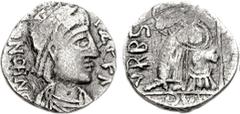 VANDALS. Gaiseric(?). AD 428-477. AR Siliqua (2.01 g, 12h). Carthage mint. Struck in the name of Honorius, circa AD 455-476. Pearl-diademed, draped, and cuirassed bust right / Roma seated left on cuir