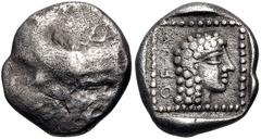Greek CARIA, Uncertain ('Mint G'). Orou. Local dynast, circa 450-400 BC. AR Quarter Stater (13mm, 2.77 g, 12h). Forepart of winged man-headed bull right / Head of female right in dotted square border 