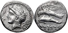 Greek KINGS of CAPPADOCIA. Ariarathes I. 333-322 BC. AR Drachm (18.5mm, 5.11 g, 1h). Sinope mint. Head of nymph left, hair in sakkos, wearing triple-pendant earring and necklace; aplustre to left, M' 