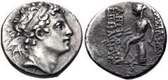 Greek SELEUKID EMPIRE. Posthumous Issues of Antiochos IV. 146/5 BC. AR Drachm (17mm, 4.08 g, 12h). Antioch on the Orontes mint. Diademed head right / Apollo Delphios seated left on omphalos, testing a