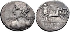 Roman Republican C. Licinius L.f. Macer. 84 BC. AR Denarius (20mm, 3.60 g, 6h). Rome mint. Diademed bust of Vejovis left, drapery on left shoulder, hurling thunderbolt / Minerva, holding spear, shield