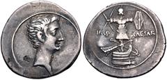 Roman Republican The Triumvirs. Octavian. Autumn 30-summer 29 BC. AR Denarius (21mm, 3.84 g, 8h). Italian (Rome?) mint. Bare head right / Naval and military trophy facing, composed of helmet, cuirass,