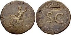 Roman Imperial Tiberius. AD 14-37. Æ Sestertius (35mm, 19.15 g, 6h). Rome mint. Struck AD 22-23. Tiberius seated left on curule chair, his feet resting on a stool, holding patera and scepter / Legend 