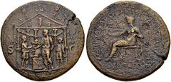 Roman Imperial Gaius (Caligula). AD 37-41. Æ Sestertius (37mm, 25.52 g, 6h). Rome mint. Struck AD 37-38. Pietas seated left, holding patera and resting arm on small draped figure standing facing on ba