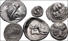Large Lots GREEK. Miscellaneous. Lot of six (6) silver issues. Includes: BRUTTIUM, Terina. AR Triobol. Holloway & Jenkins 71; HN Italy 2624 // SICILY, Leontini. AR Obol. Contemporary imitation. Boehri