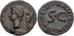 Roman Imperial Augustus. 27 BC-AD 14. Æ Dupondius(?) (32mm, 12.64 g, 11h). "Triumphal Coinage" issue. Rome mint; M. Maecilius Tullus, moneyer. Struck 7 BC. Laureate head of Augustus left, globe at poi