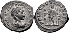 Roman Imperial Diadumenian. As Caesar, AD 217-218. AR Denarius (18.8mm, 3.92 g, 6h). Rome mint. 2nd emission of Macrinus, AD 217-218. Bareheaded, draped, and cuirassed bust right / Diadumenian standin