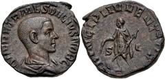 Roman Imperial Herennius Etruscus. As Caesar, AD 249-251. Æ Sestertius (27mm, 15.62 g, 12h). Rome mint, 2nd officina. 3rd emission of Trajan Decius, AD 250. Bareheaded and draped bust right / Herenniu