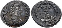 Roman Imperial Julian II. AD 360-363. AR Siliqua (17mm, 2.04 g, 12h). Lugdunum (Lyon) mint. Struck AD 361. Pearl-diademed, draped, and cuirassed bust right / VOT/X/MVLT/XX in four lines within wreath;