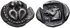Greek THESSALY, Larissa. Circa 462/1-460 BC. AR Hemiobol (9.5mm, 0.38 g, 12h). Hoof of bull / Λ-A, head of bridled horse left; all within incuse square. Liampi, Corpus, Group II.I.G, 1 (V1/R1 – this c