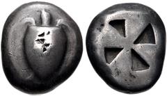 Greek ISLANDS off ATTICA, Aegina. Circa 525-480 BC. AR Stater (17mm, 11.99 g). Sea turtle, head in profile, [with thin collar and row of dots down its back]; bankers' marks on shell / Incuse square wi