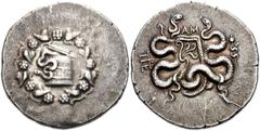 MYSIA, Pergamon. Circa 166-67 BC. AR Cistophoric Tetradrachm (26mm, 12.40 g). Struck circa 95-92 BC. Cista mystica with serpent; all within ivy wreath / Bow-case with serpents; AM above, monogram to l