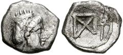 CYPRUS, Salamis?. Pnytagoras? Circa 351-332 BC. AR Hemiobol (7mm, 0.24 g). Turreted female head right / Monogram, with caduceus to right. Unlisted in the major references. VF, slight roughness. The co
