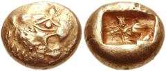 KINGS of LYDIA. Alyattes II. Late 7th century BC. EL Third Stater - Trite (12mm, 4.70 g). Sardes mint. Head of roaring lion right, sun with four rays on forehead / Double incuse punch. Weidauer 63 (sa