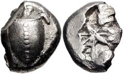 Greek ISLANDS off ATTICA, Aegina. Circa 525-475 BC. Cut AR Stater (15.5mm, 9.22 g). Sea turtle, head in profile, with thin collar and row of dots down its back / Deep incuse square of "Union Jack" pat