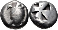 Greek ISLANDS off ATTICA, Aegina. Circa 525-475 BC. AR Stater (18mm, 12.22 g). Sea turtle, head in profile, with thick collar and [row of dots down its back] / Incuse square with mill-sail pattern. Me