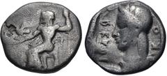 Greek ARKADIA, Arkadian League. Circa 465-460 BC. AR Triobol – Hemidrachm (15mm, 2.76 g, 6h). Kleitor mint. Zeus Lykaios seated left, holding scepter; eagle flying left from his hand / Head of Kallist