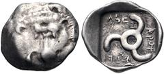 Greek DYNASTS of LYCIA. Aruwatijesi. Circa 400-370 BC. AR Twelfth Stater (12mm, 0.73 g). Zagaba mint. Facing lion scalp / Triskeles; Z (mint mark) in one section; all within incuse square. Müseler VII