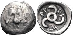 Greek DYNASTS of LYCIA. Aruwatijesi. Circa 400-370 BC. AR Twelfth Stater (11mm, 0.71 g). Uncetain mint. Facing lion scalp / Triskeles within incuse circle. Cf. Müseler VII 65; cf. Traité II 438 (both 