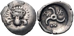 Greek DYNASTS of LYCIA. Trbbenimi. Circa 390-375 BC. AR Twelfth Stater (11.5mm, 0.70 g). Zemura (Limyra) mint. Facing lion scalp; [TRB (in Lycian) below] / Triskeles; ZEM (mintmark, in Lycian) around;