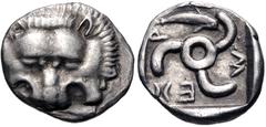 Greek DYNASTS of LYCIA. Mithrapata. Circa 390-370 BC. AR Sixth Stater (13mm, 1.49 g). Phellos(?) mint. Facing lion scalp / Triskeles; dolphin in one section; all within incuse square. Müseler VII 76–7