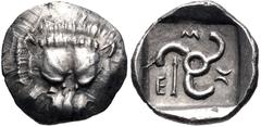 Greek DYNASTS of LYCIA. Mithrapata. Circa 390-370 BC. AR Sixth Stater (13mm, 1.22 g). Uncertain mint. Facing lion scalp / Triskeles; arrow in one section; all within incuse square. Müseler VII 86–8; T