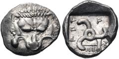 Greek DYNASTS of LYCIA. Mithrapata. Circa 390-370 BC. AR Sixth Stater (13mm, 1.35 g). Uncertain mint. Facing lion scalp / Triskeles; labrys in one section; all within incuse square. CNG E-414, lot 247