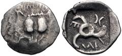 Greek DYNASTS of LYCIA. Mithrapata. Circa 390-370 BC. AR Twenty-fourth Stater (8.5mm, 0.27 g). Uncertain mint. Facing lion scalp / Triskeles within incuse square. Müseler VII –; Traité II 458; SNG Cop