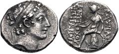 Greek SELEUKID EMPIRE. Posthumous Issues of Antiochos IV. 146/5 BC. AR Drachm (16.5mm, 3.67 g, 12h). Antioch on the Orontes mint. Diademed head right / Apollo Delphios, testing arrow in right hand, re