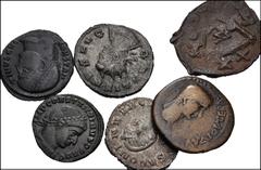 Large Lots MIXED. Roman Provincial–Byzantine. Lot of six (6) AR and Æ denominations. Includes: Kings of Bosporus, Kotys I. Claudius, with Agrippina Jr. Æ // Antoninianus each of Gallienus and Salonina