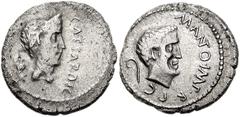 Mark Antony, with Divus Julius Caesar. 43 BC. AR Denarius (19mm, 3.51 g). Military mint traveling with Antony in Cisalpine Gaul. Bare head of Mark Antony right; lituus beind / Bare head of Julius Caes