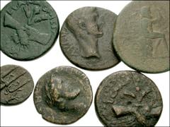 Lot of six CORINTH Æ. Æ 13. Circa 368-252 BC. Pegasus left / Trident; cuttlefish to right. BMC Corinth 424 var. (sepia to left) // Time of Julius Caesar. Æ 25mm. Struck 43/42 BC. Bellerophon seizing P