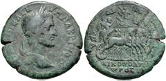 Roman Provincial MOESIA INFERIOR, Nicopolis ad Istrum. Macrinus. AD 217-218. Æ 28mm (13.72 g, 12h). Agrippa, magistrate. Laureate head right / Macrinus in quadriga right being crowned by Nike standing