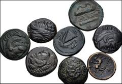 Large Lots GREEK. Northern Greece. Lot of eight (8) bronzes. Includes: KINGS of MACEDON: Alexander III 'the Great'. 336-323 BC. Æ Unit (18mm, 6.45 g, 9h). Price 313. VF, green patina, some roughness /