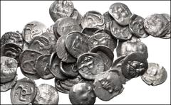 Large Lots GREEK. Asia Minor. Lot of fifty (50) Mithrapata AR Diobols. All coins: DYNASTS of LYCIA, Mithrapata. Circa 390-370 BC. AR Diobol. Facing lion's scalp / Triskeles within incuse square; vario