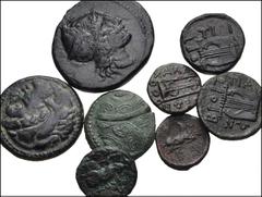 Large Lots GREEK. Miscellaneous. Lot of eight (8) bronzes. Includes: MACEDON, Bottiaiai (Spartolos). Circa 385-350 BC. Æ (16mm, 4.09 g, 3h). Psoma, Olynthe, Group XVII; HGC 3, 354. VF, dark green-brow