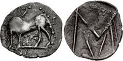 Greek LUCANIA, Sybaris. Circa 550-510 BC. AR Hemiobol(?) (10mm, 0.25 g, 3h). Bull standing left, head right; V[M] in exergue / Large M above V. Cf. S&S Class B, pl. 48, 12 (obol); cf. HN Italy 1739 (o