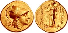 Greek SELEUKID EMPIRE. Antiochos II Theos. 261-246 BC. AV Stater (19mm, 8.58 g, 12h). Tarsos mint. Struck circa 261-253 BC. Head of Athena right, wearing crested Corinthian helmet and pearl necklace /