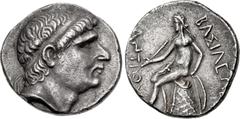 Greek SELEUKID EMPIRE. Antiochos II Theos. 261-246 BC. AR Tetradrachm (27.5mm, 16.85 g, 9h). Uncertain mint 33, probably in the far east. Diademed head of Antiochos I right / Apollo Delphios, testing 