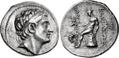 Greek SELEUKID EMPIRE. Antiochos III 'the Great'. 222-187 BC. AR Tetradrachm (29mm, 17.12 g, 12h). Soli mint. Struck circa 197 BC. Diademed head right / BAΣIΛEΩΣ ANT-IOXOY, Apollo Delphios, nude, seat